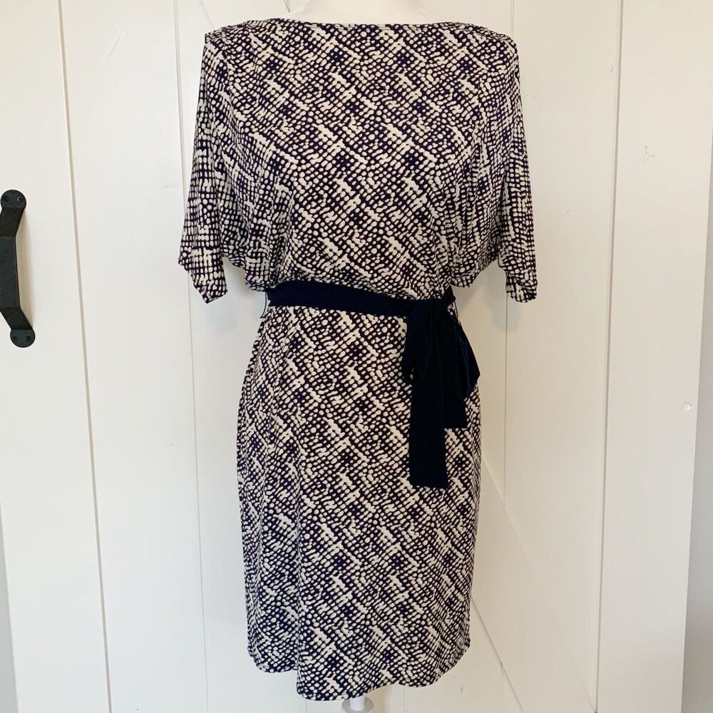 Laundry by Design Dolman Split-Sleeve Jersey Knit Dress Sz 2 Navy Blue Cream Tan